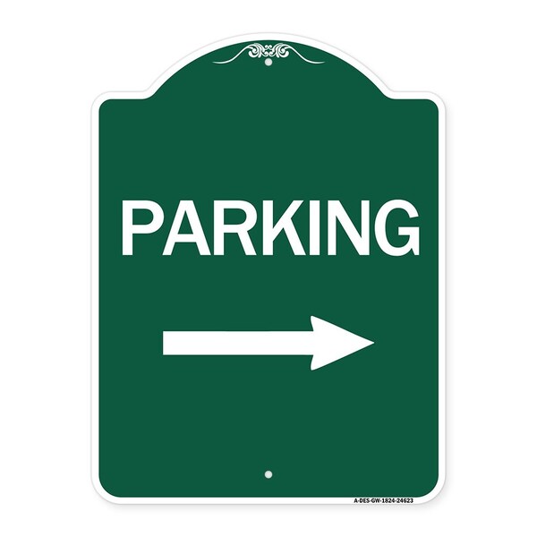 Designer Series Parking W/ Right Arrow, Green & White Aluminum Sign, 18" x 24", GW-1824-24623